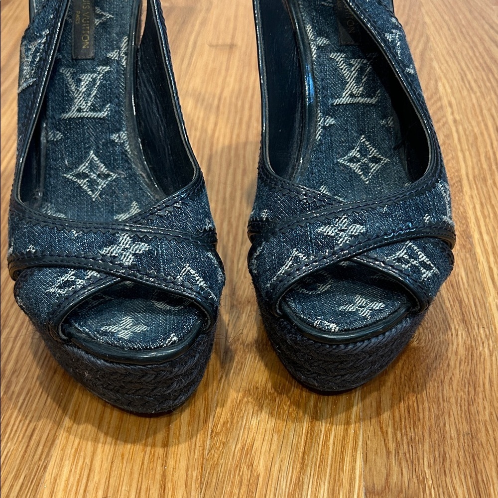 Vintage Louis Vuitton blue denim Wedge Sandals espadrille shoe 37 - Picture 6 of 12